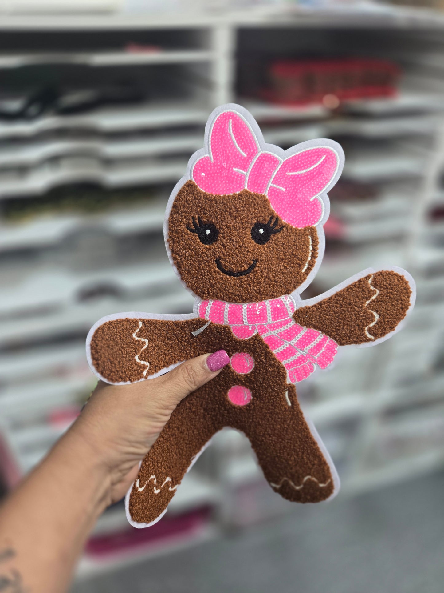 Pink gingerbread girl chenille  patch