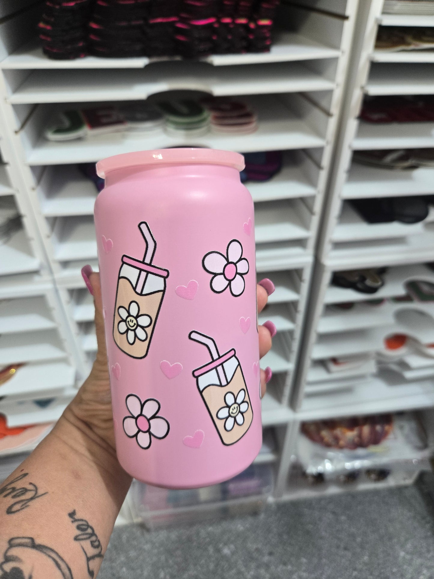 16oz stainless steel pink Latte flower cup