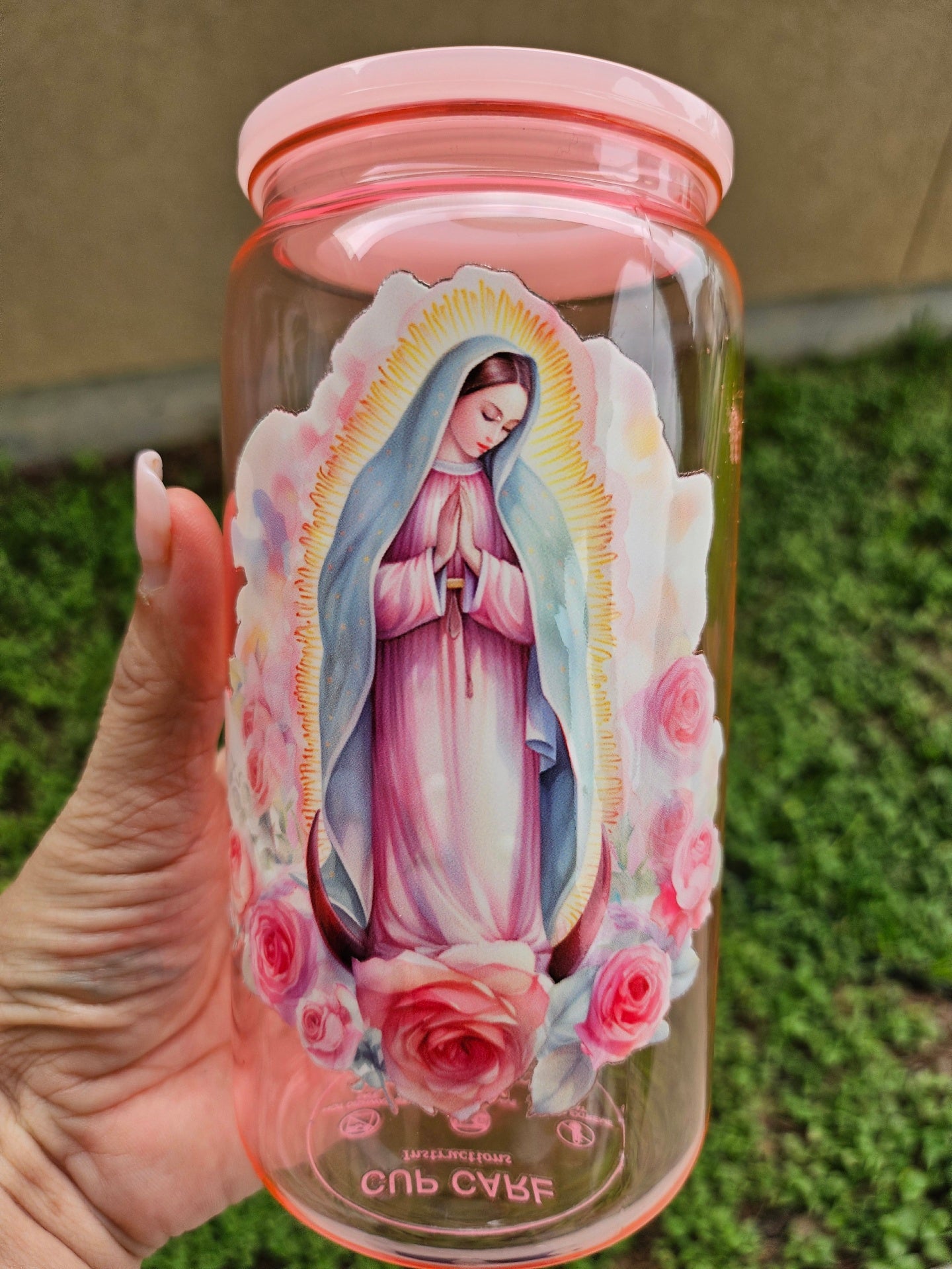 Virgin Mary On Pink Jelly 16oz Glass Libbey