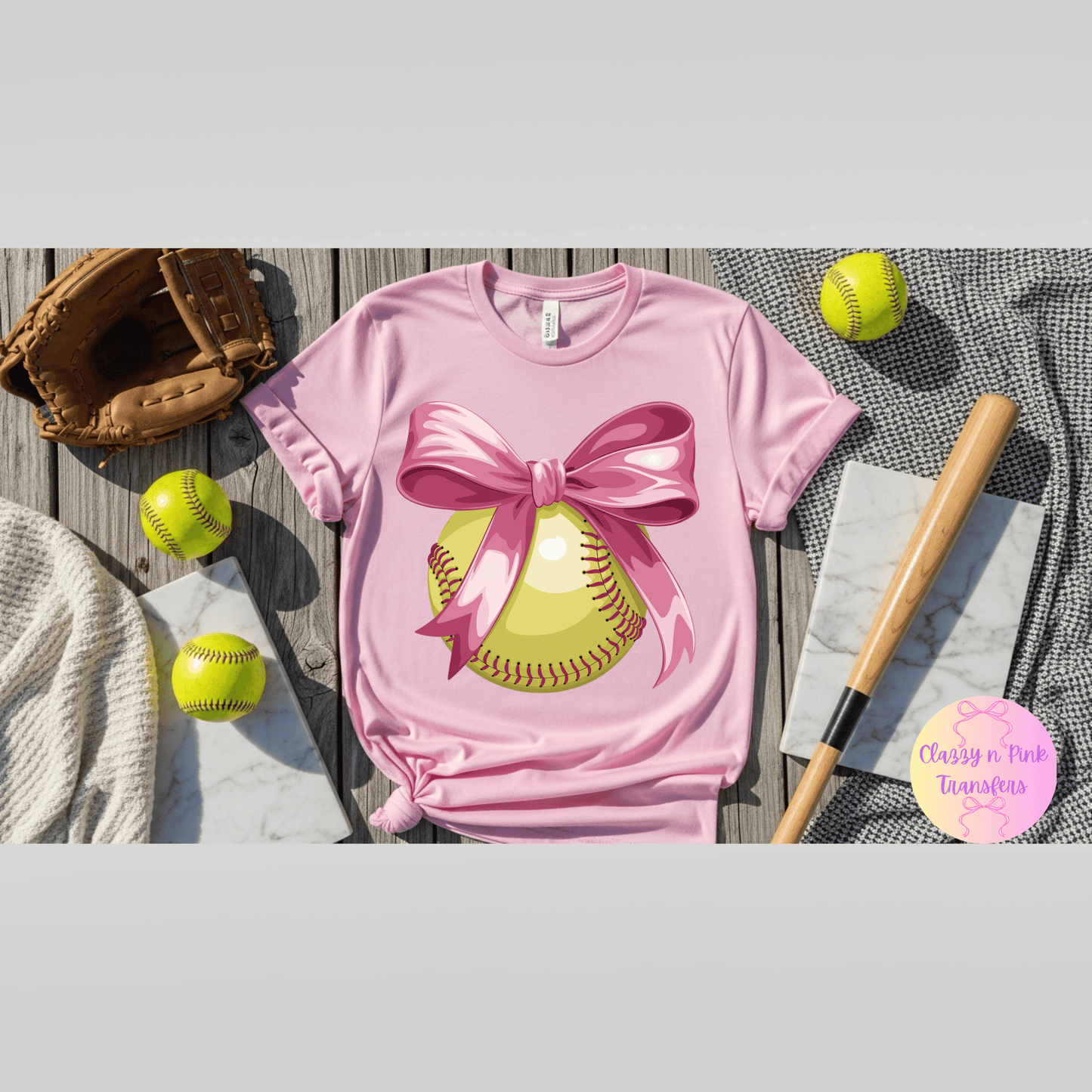 Pink Bow Softball ( DTF Transfer)