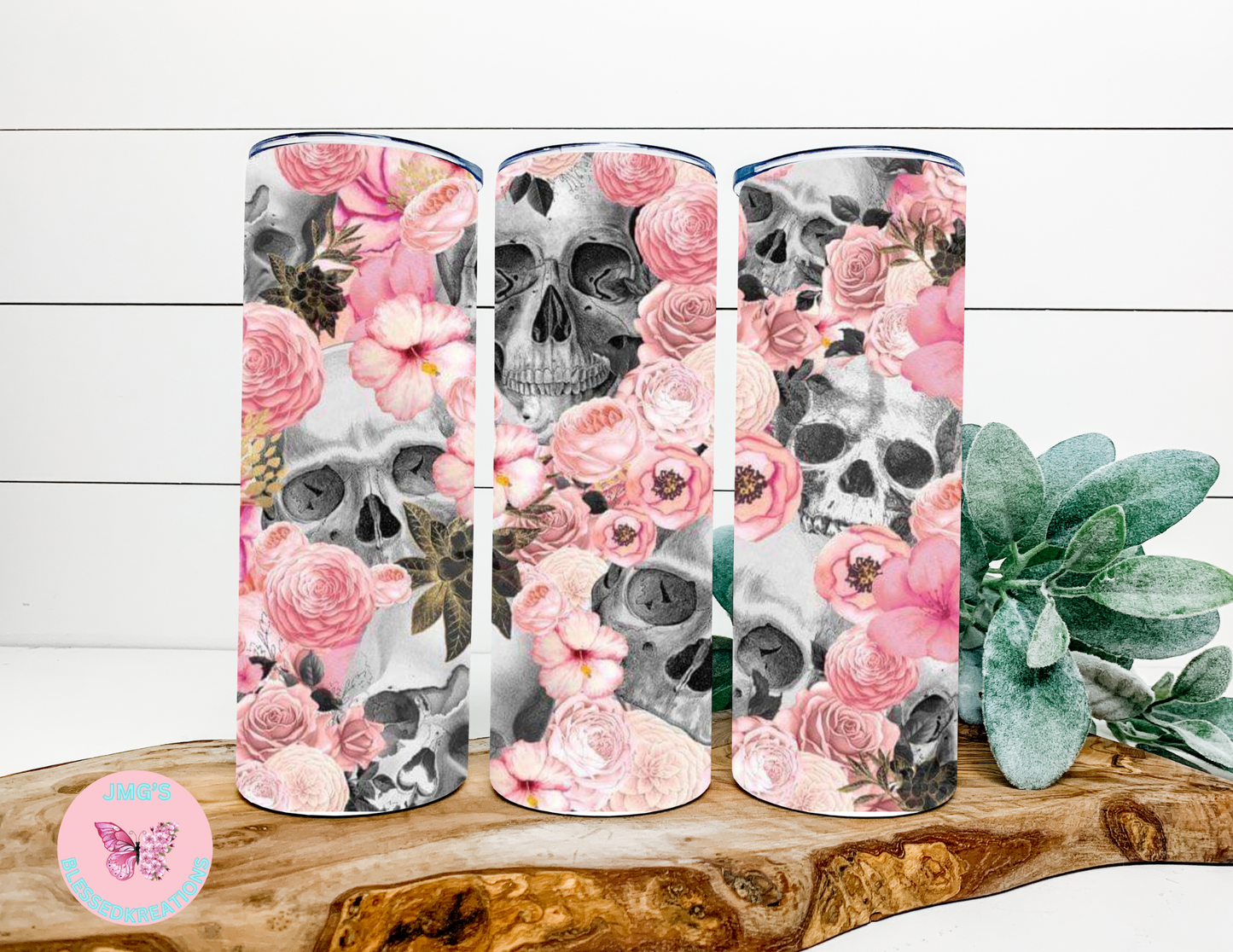 Pink flower Skull head 20oz skinny tumbler