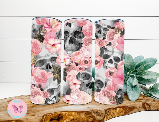 Pink flower Skull head 20oz skinny tumbler