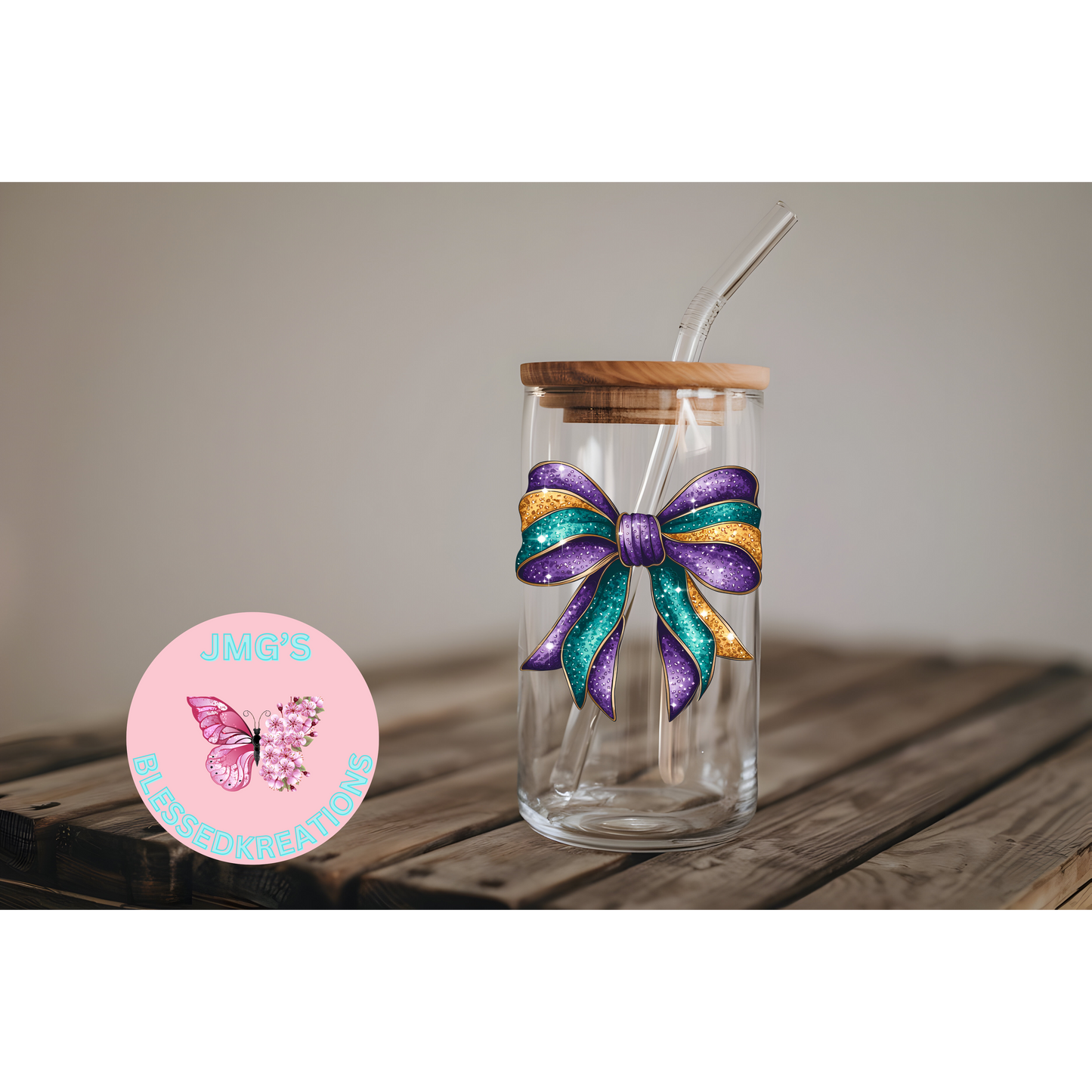 Purple, green and gold Bow 4in Decal