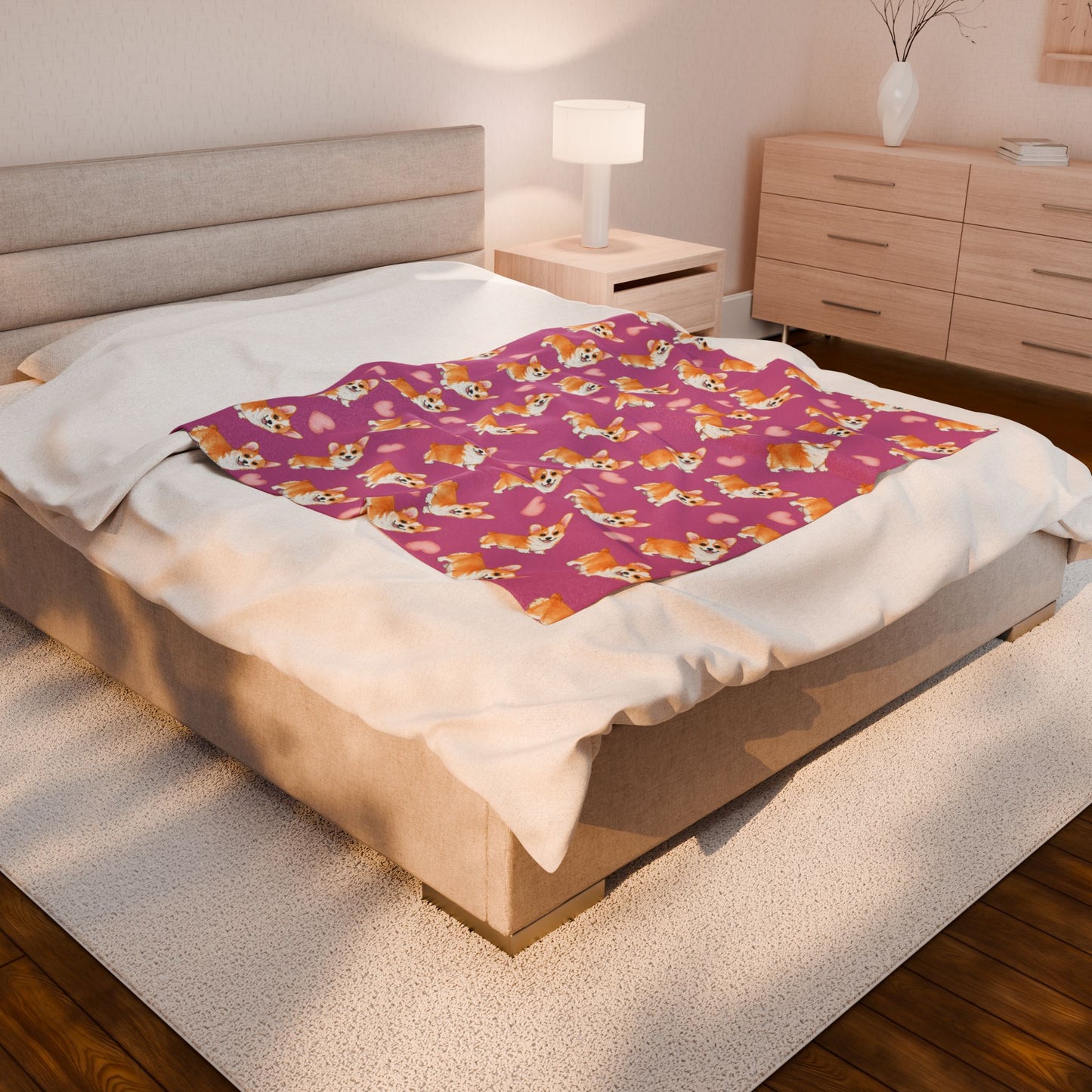 Corgi Hearts Velveteen Plush Blanket — Cozy Pink Dog Pattern Throw