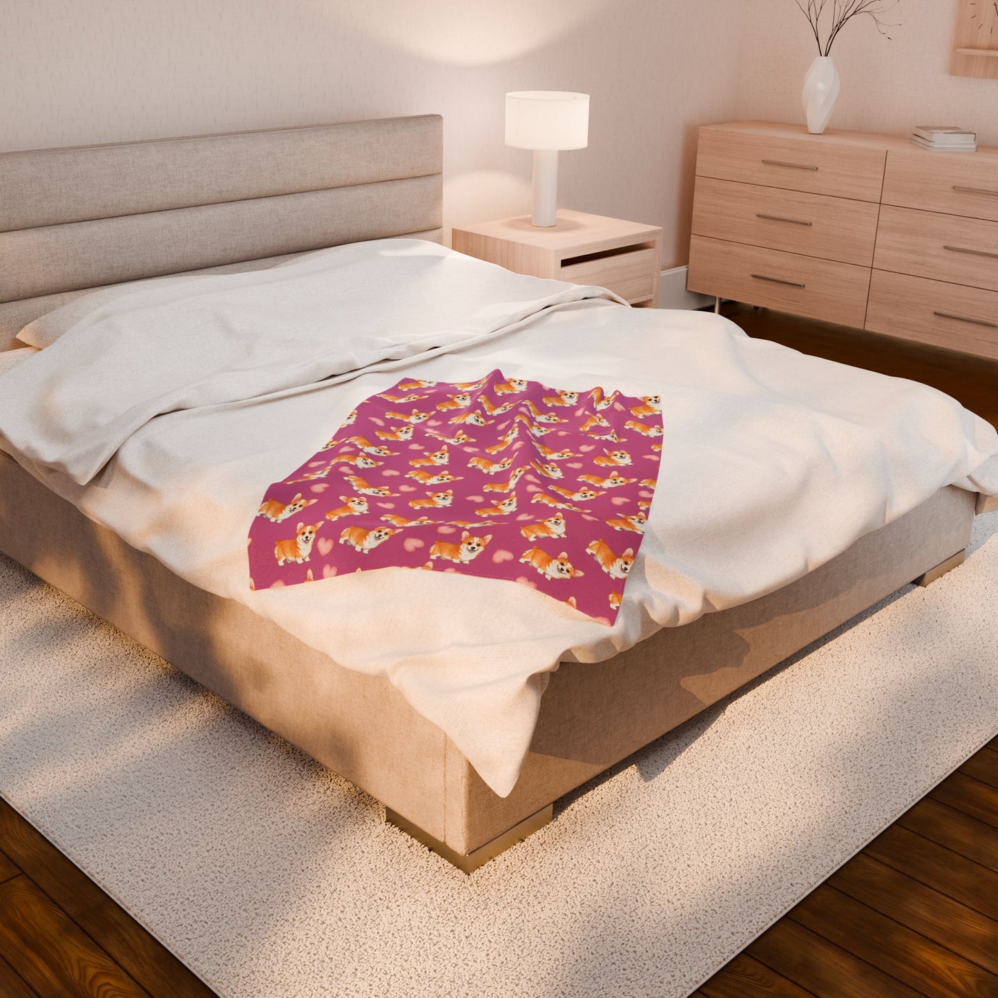 Corgi Hearts Velveteen Plush Blanket — Cozy Pink Dog Pattern Throw