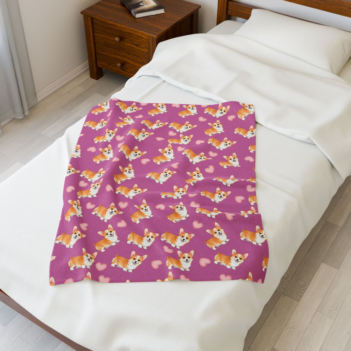 Corgi Hearts Velveteen Plush Blanket — Cozy Pink Dog Pattern Throw