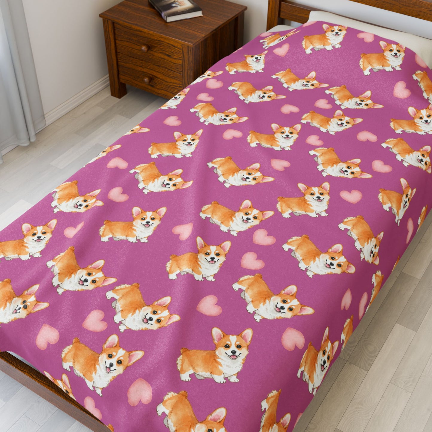 Corgi Hearts Velveteen Plush Blanket — Cozy Pink Dog Pattern Throw