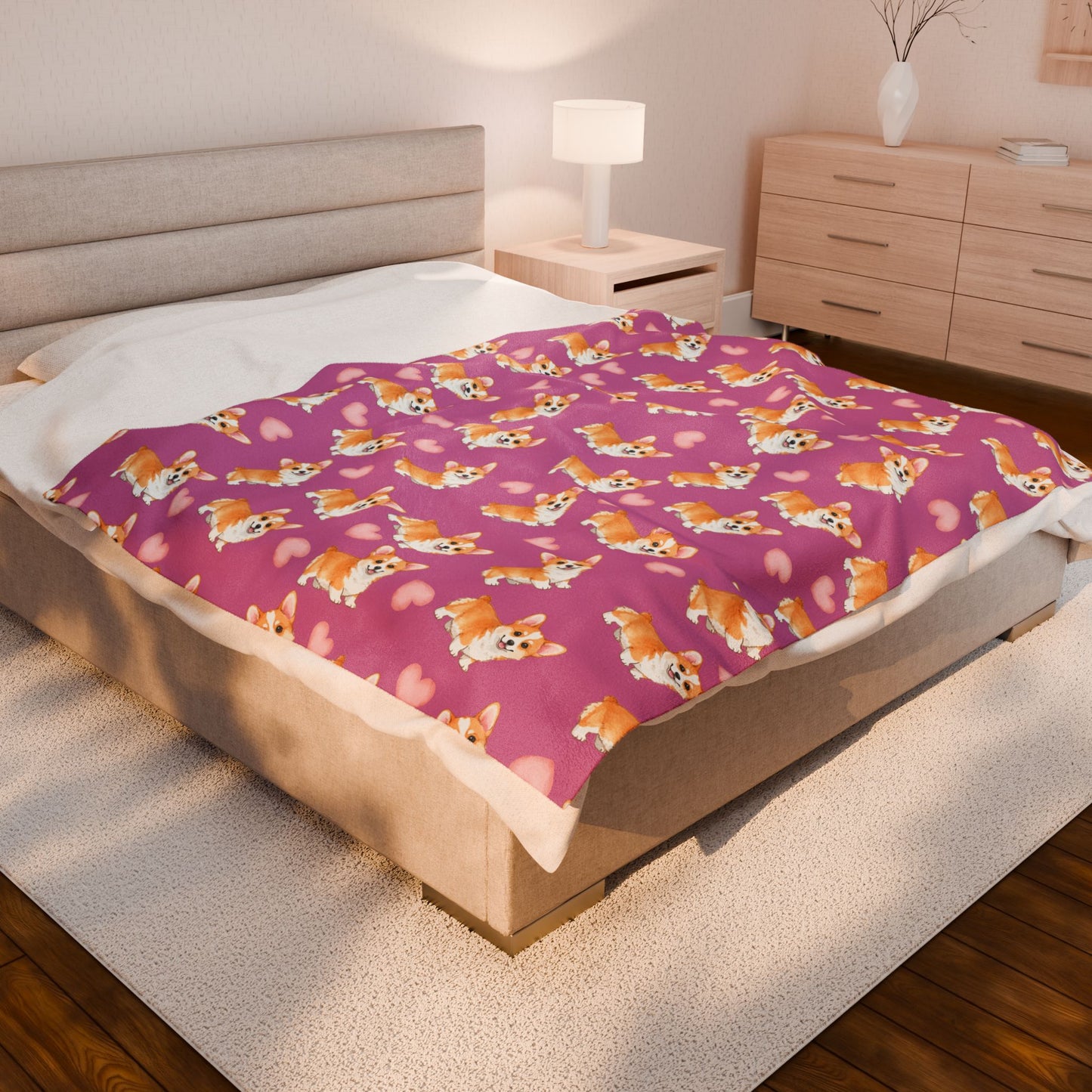 Corgi Hearts Velveteen Plush Blanket — Cozy Pink Dog Pattern Throw