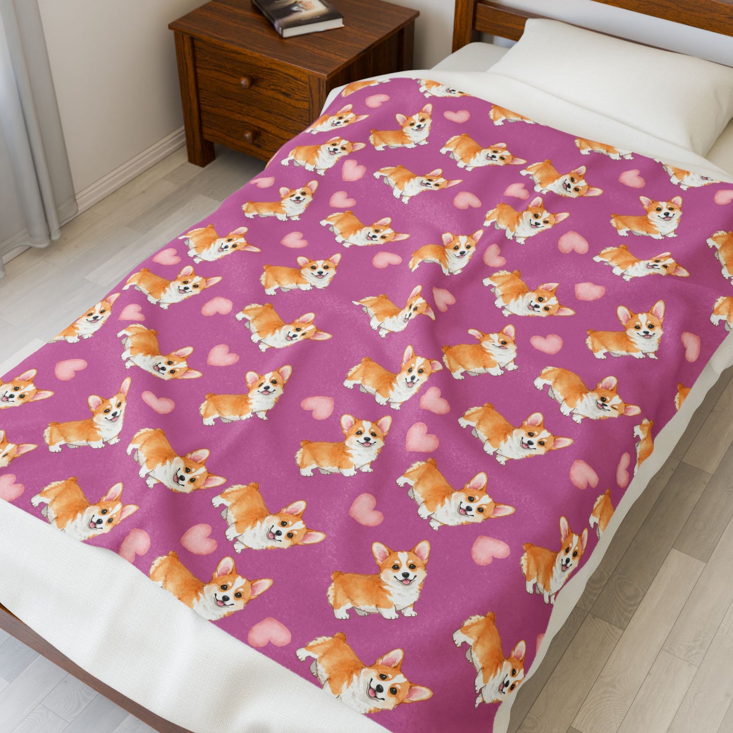 Corgi Hearts Velveteen Plush Blanket — Cozy Pink Dog Pattern Throw