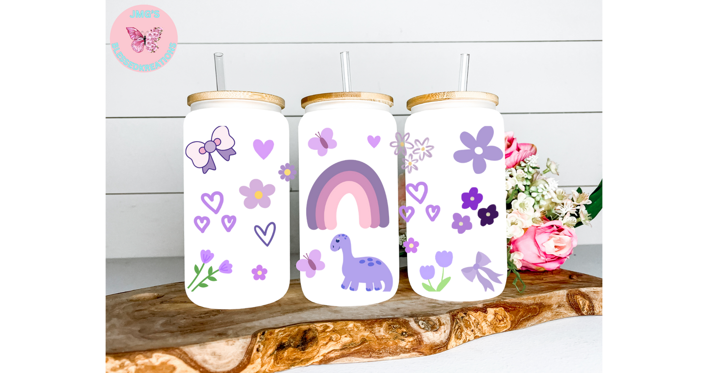 PURPLE DINOSAUR AND FLOWERS 16OZ UVDTF WRAP