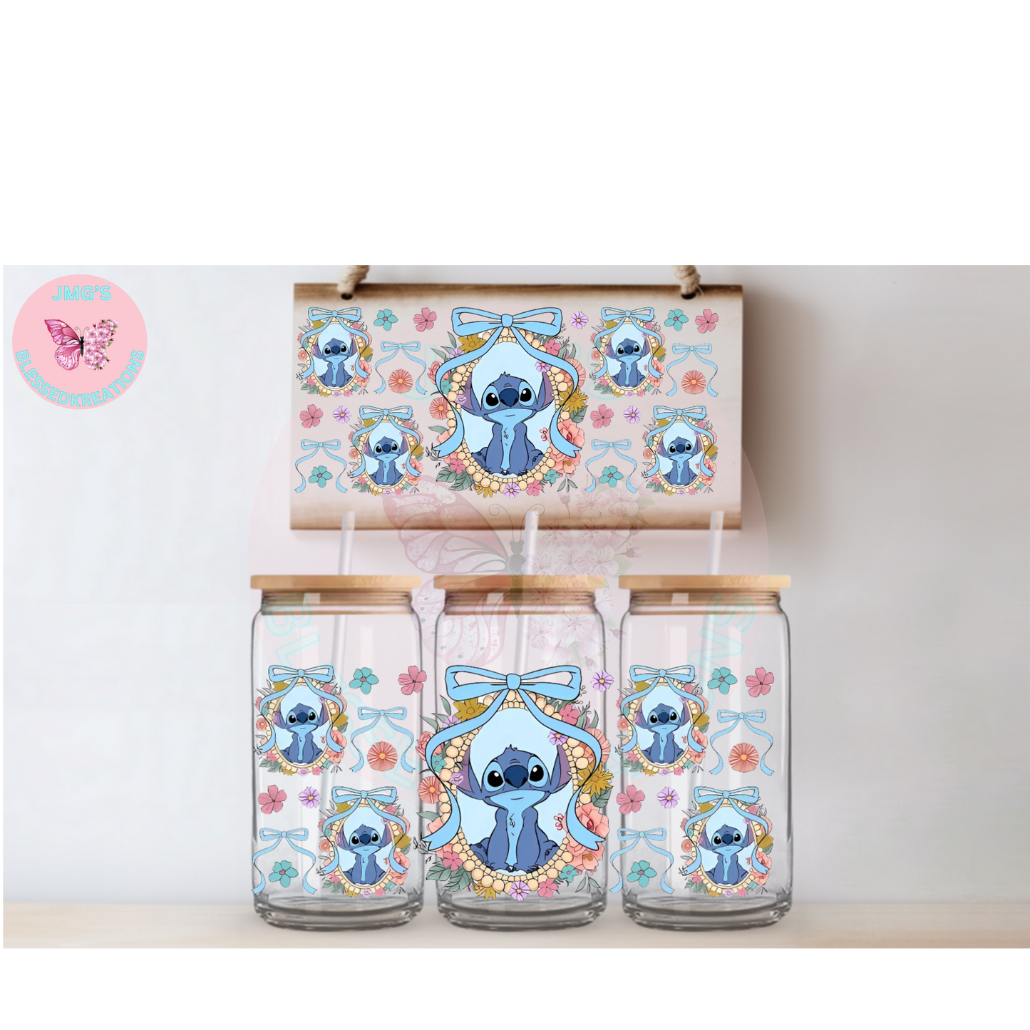 Blue Alien in a mirror with blue bow UVDTF Wrap 16oz