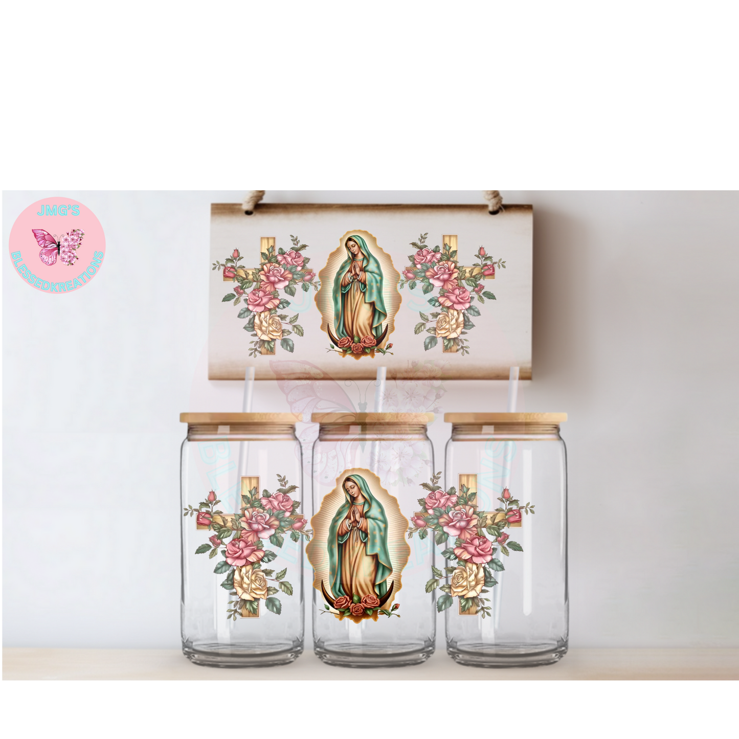 Virgin Mary Brown Roses 16oz UVDTF Wrap